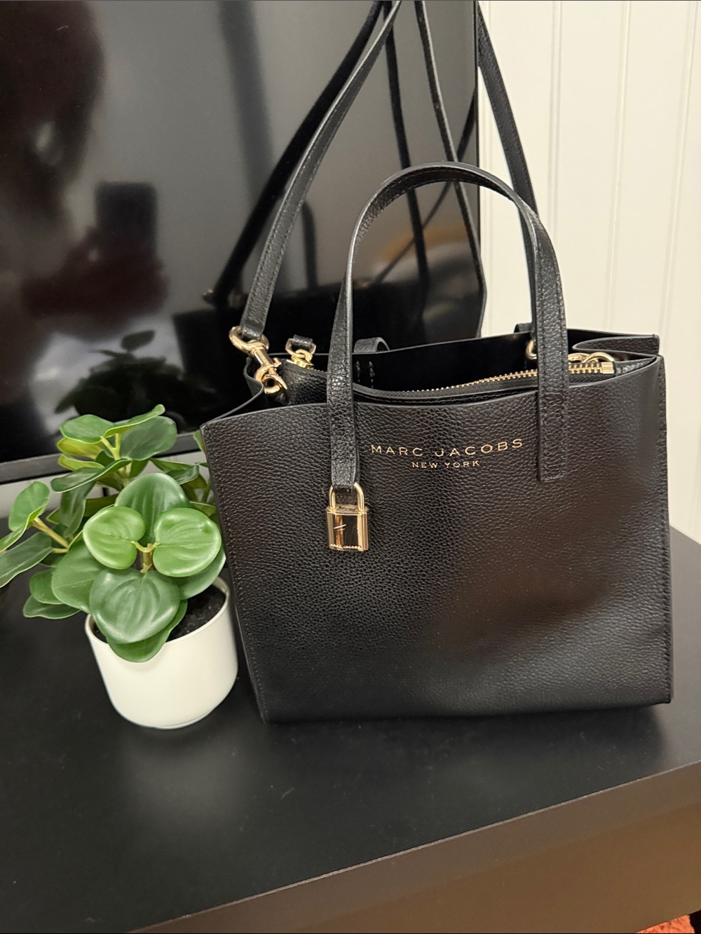 Marc Jacobs Black Pebbled Leather Mini Tote with Gold Hardware